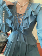 Blue Victorian Ruffle Lace-Up Dress