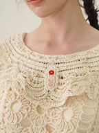 Floral Embroidered Cream Crochet Knit Blouse