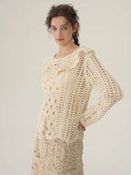 Floral Embroidered Cream Crochet Knit Blouse