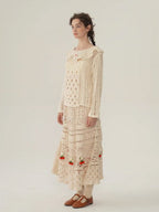 Floral Embroidered Cream Crochet Knit Blouse