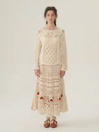 Floral Embroidered Cream Crochet Knit Blouse
