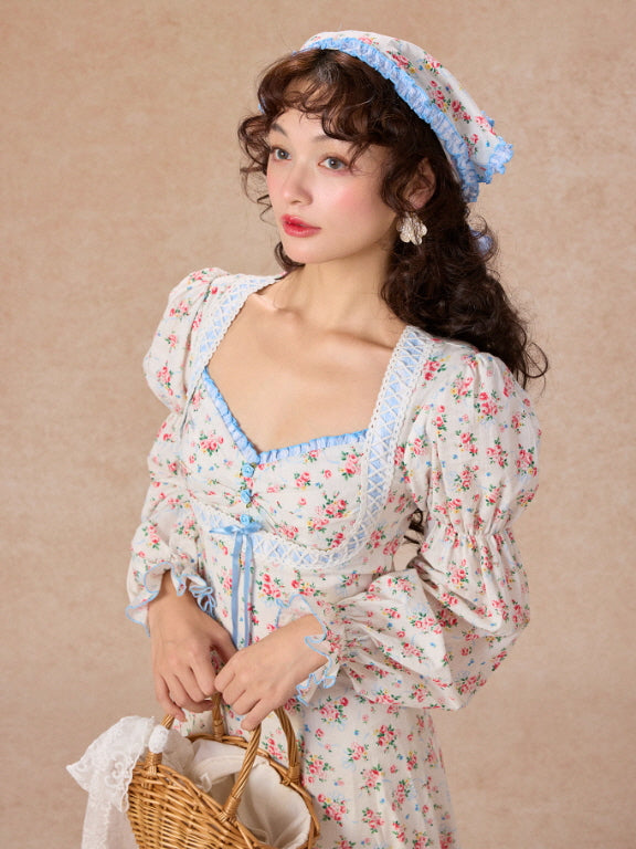 Blue Ribbon Vintage Floral Long Dress