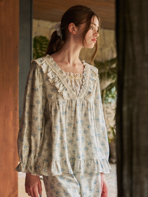 Blue Garden Lace Ruffle Pajama Set