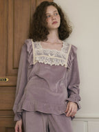 Lavender Velvet Lace Ruffle Loungewear Set