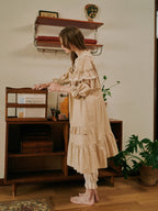 Beige Gingham Lace Ruffle Nightgown