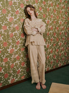 Beige Gingham Ruffle Cotton Pajama Set