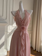 Rosy Whispers Ruffle Chiffon Dress