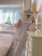 Pastel Meadow Cat Print Ruffle Loungewear Set