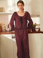 Wine Ribbon Ruffle Vintage Loungewear Set