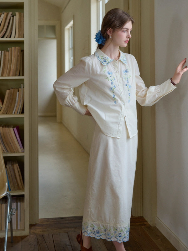 Blue Meadow Embroidered Hem Skirt
