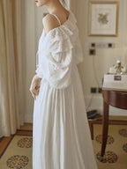 White Lace Layered Vintage Long-Sleeve Nightgown Set