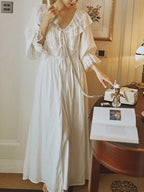 White Lace Layered Vintage Long-Sleeve Nightgown Set