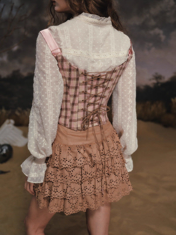 Rosy Plaid Lace Ribbon Corset