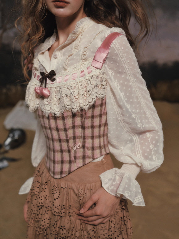 Rosy Plaid Lace Ribbon Corset
