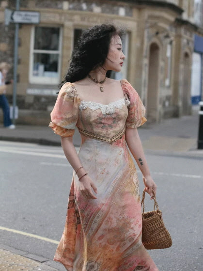 Vintage Tapestry Bloom Lace-Trim Dress