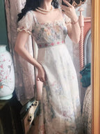 Lace Square-Neck Puff Sleeve Maxi Dress