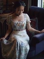 Lace Square-Neck Puff Sleeve Maxi Dress