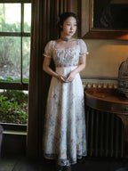 Lace Square-Neck Puff Sleeve Maxi Dress
