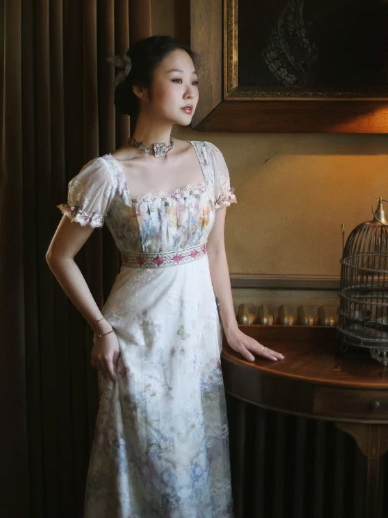 Lace Square-Neck Puff Sleeve Maxi Dress