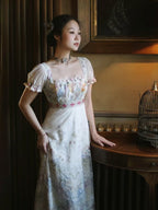 Lace Square-Neck Puff Sleeve Maxi Dress
