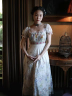 Lace Square-Neck Puff Sleeve Maxi Dress