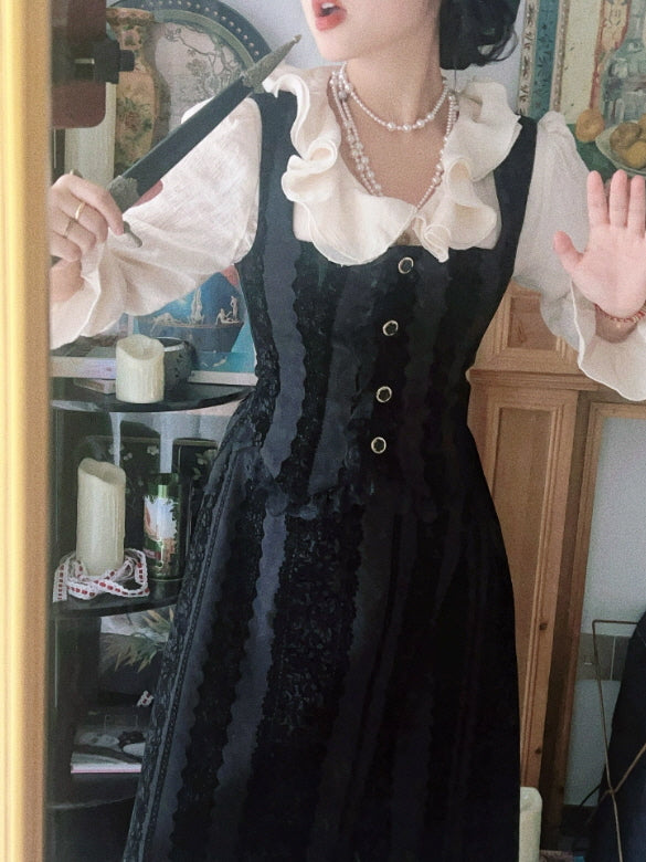 Noir Lace-Stripe Storybook Dress