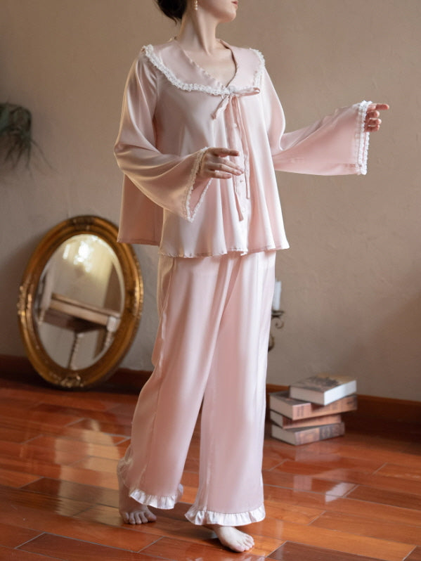 Lace Collar Ribbon Loungewear Set