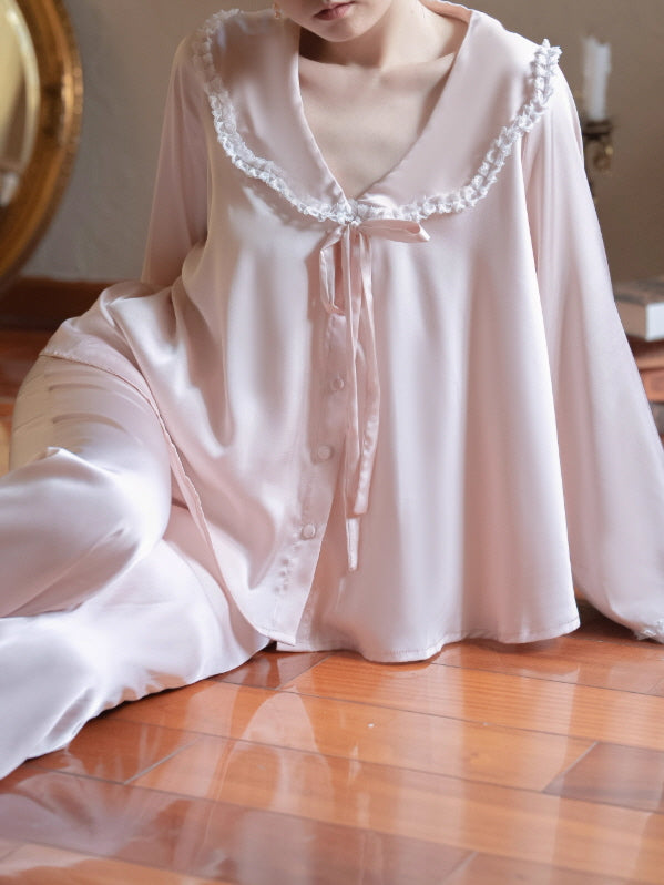 Lace Collar Ribbon Loungewear Set