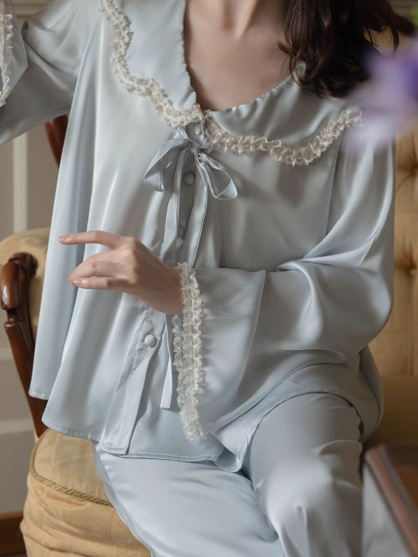 Lace Collar Ribbon Loungewear Set