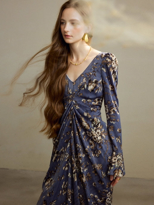 Midnight Botanical Draped Dress