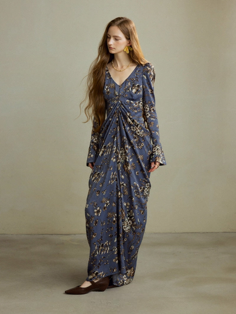 Midnight Botanical Draped Dress