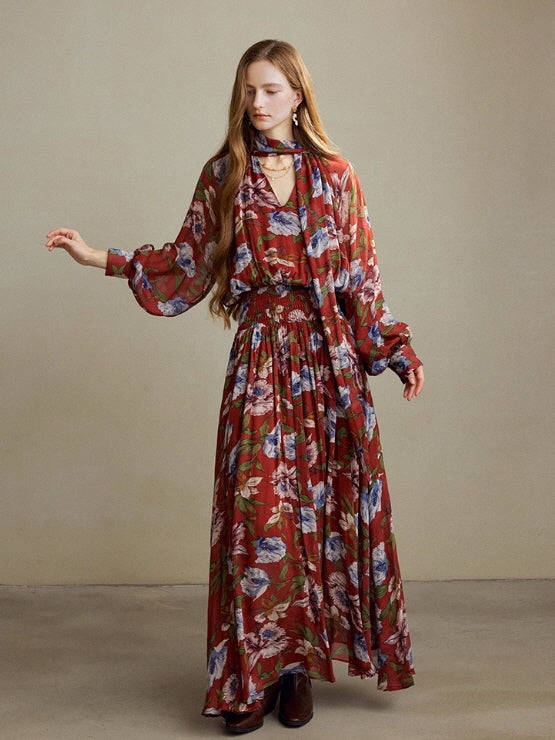 Autumn Bloom Vintage Garden Maxi Dress