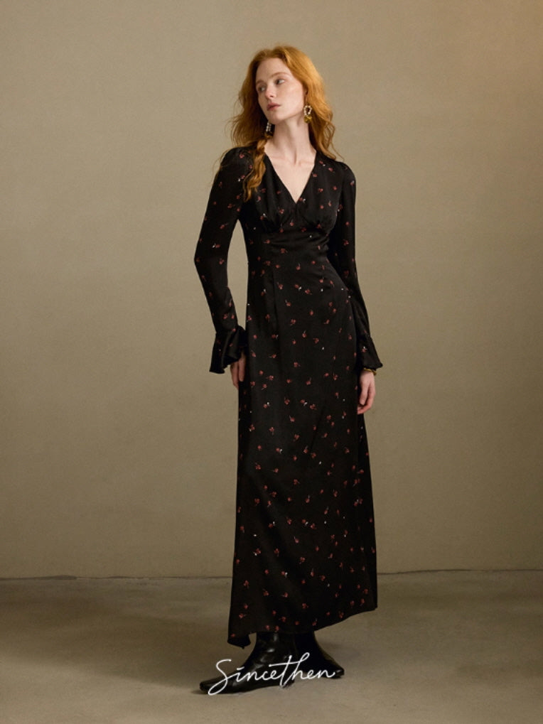 Midnight Petal Vintage Charm Maxi Dress