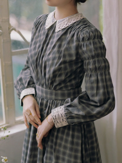 Grey Storybook Check Lace Collar Dress