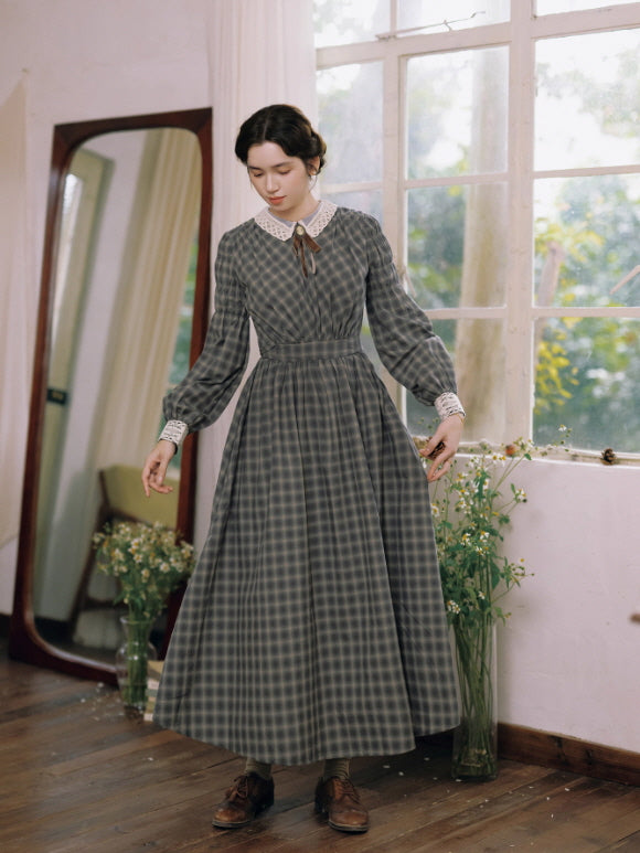 Grey Storybook Check Lace Collar Dress