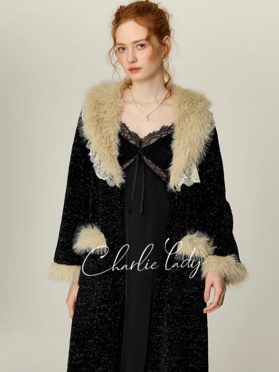 Midnight Lace Slip Nightgown & Faux Fur Trim Robe