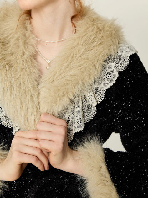 Midnight Lace Slip Nightgown & Faux Fur Trim Robe