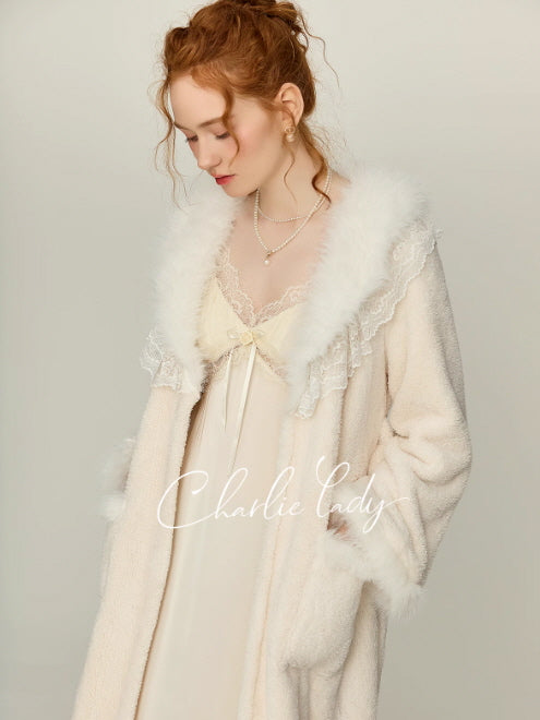 Snowy Lace Dream Slip Nightgown & Faux Fur Collar Robe