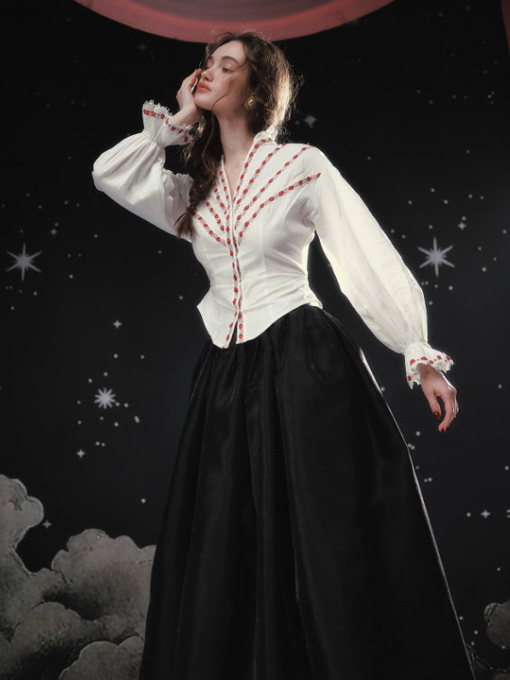 Ivory Ribbon-Embroidered Romantic Blouse