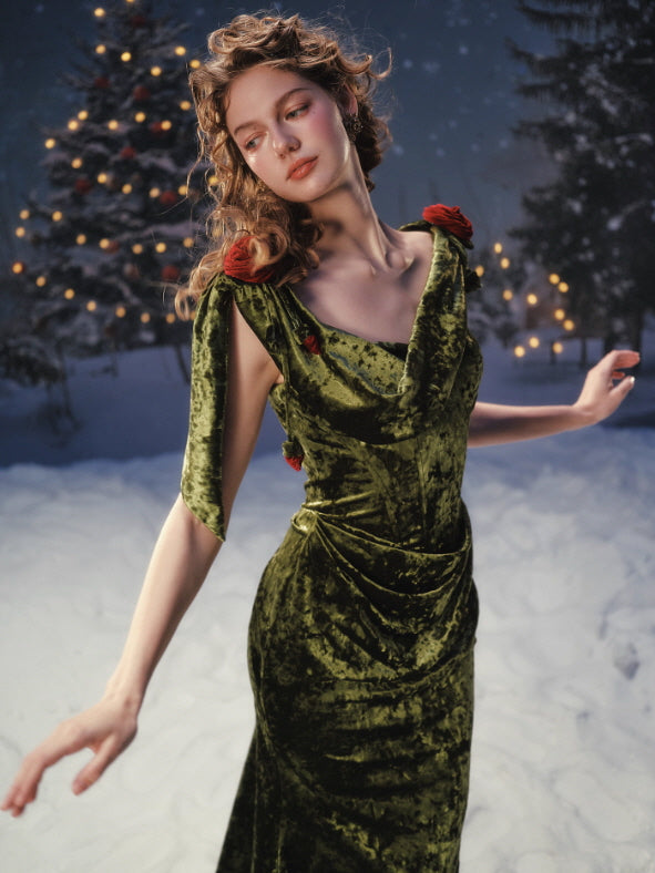 Olive Rose Draped Velvet Dress