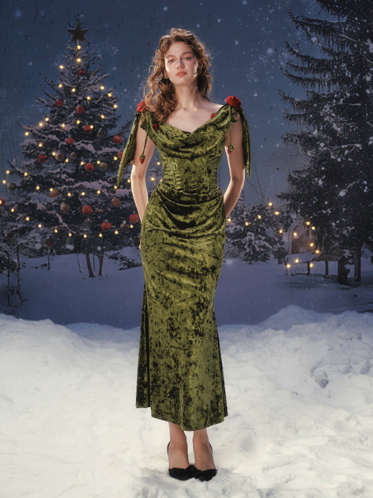 Olive Rose Draped Velvet Dress