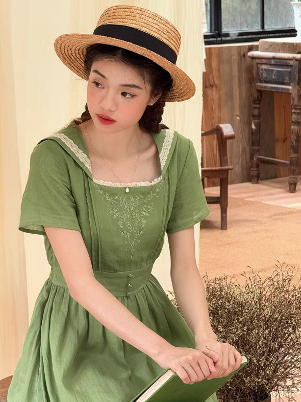 Elowen Sage Green Floral Embroidered Dress
