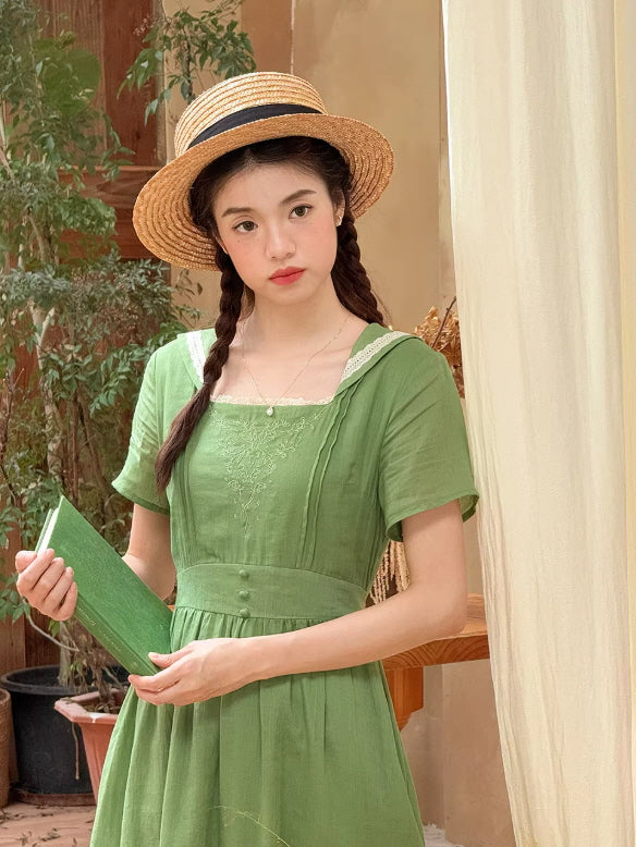 Elowen Sage Green Floral Embroidered Dress