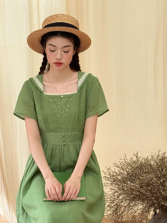 Elowen Sage Green Floral Embroidered Dress
