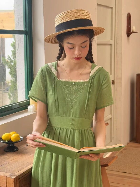 Elowen Sage Green Floral Embroidered Dress