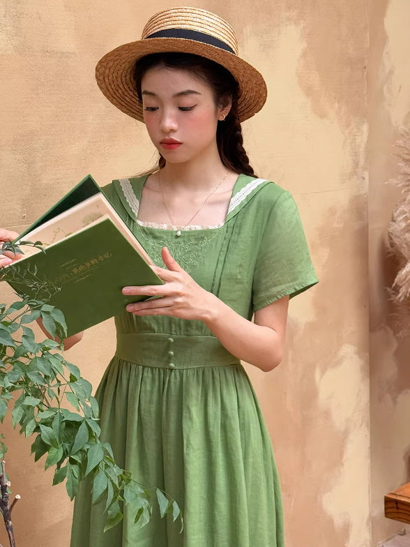 Elowen Sage Green Floral Embroidered Dress