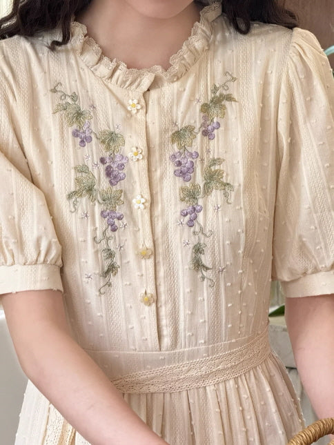 Vintage Grape Embroidered Cottagecore Dress