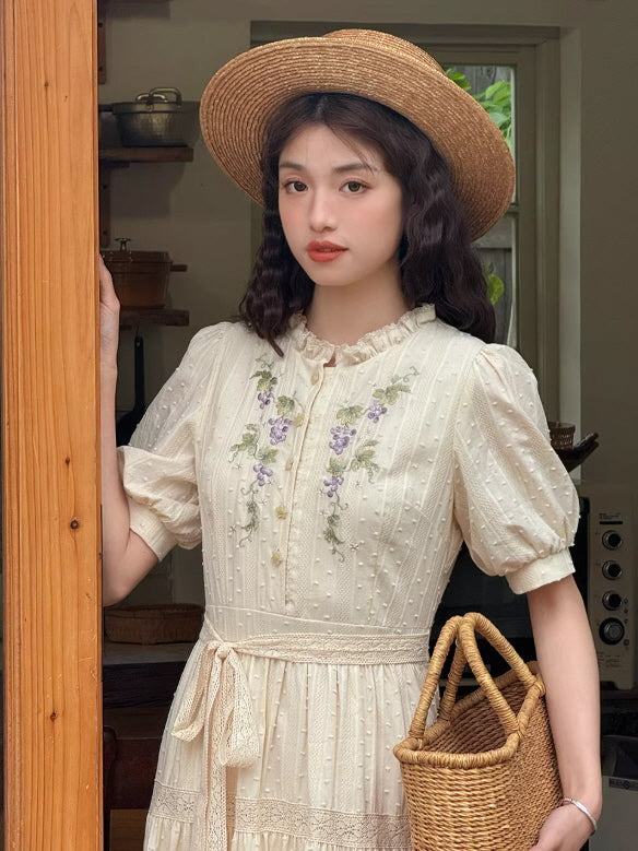 Vintage Grape Embroidered Cottagecore Dress