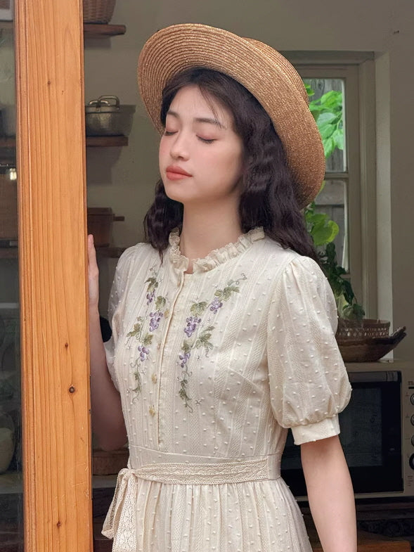 Vintage Grape Embroidered Cottagecore Dress