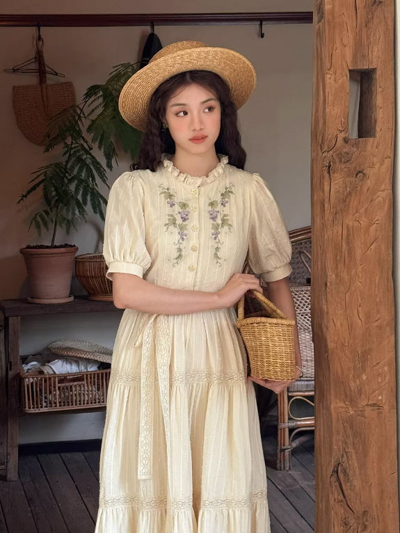 Vintage Grape Embroidered Cottagecore Dress